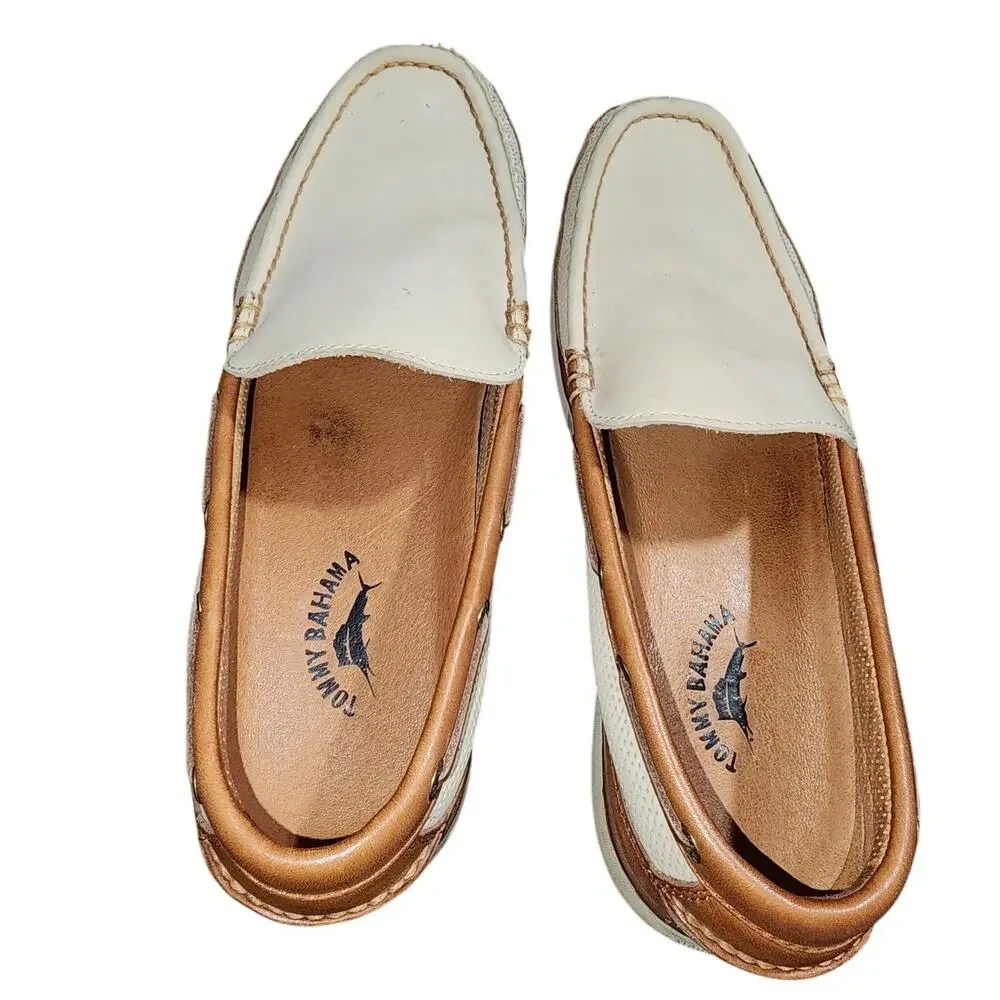 Tommy Bahama Ships Ahoy Slip On nautical Coastal 02-oyster Leather Shoes 11.5M